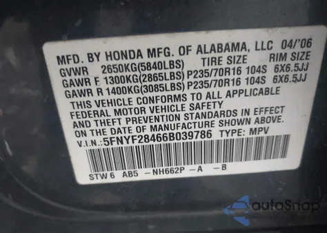 2006 Honda Pilot Ex из США, поврежденный, VIN 5FNYF28466B039786